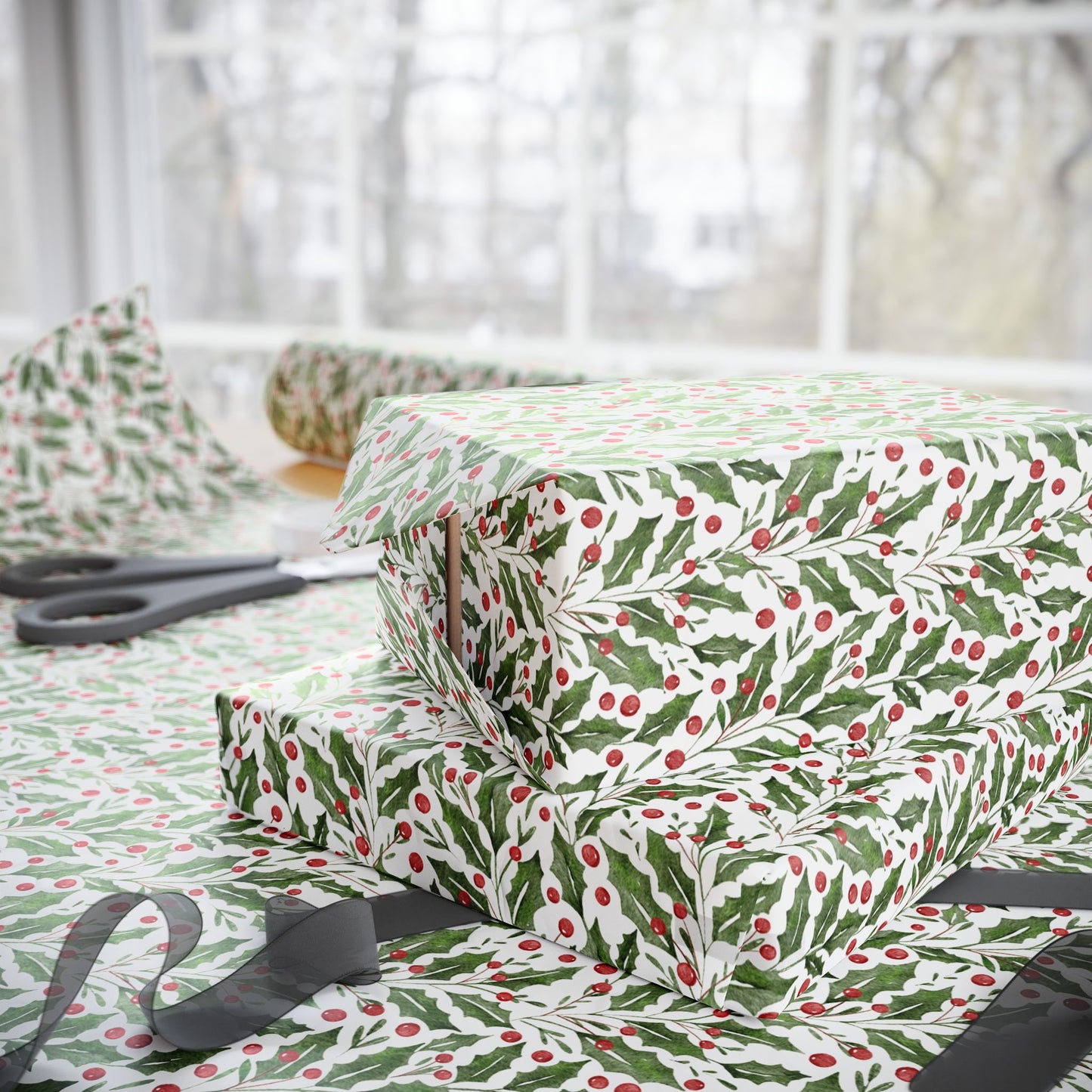 Holly Leaves and Berries Matte Wrapping Paper Roll