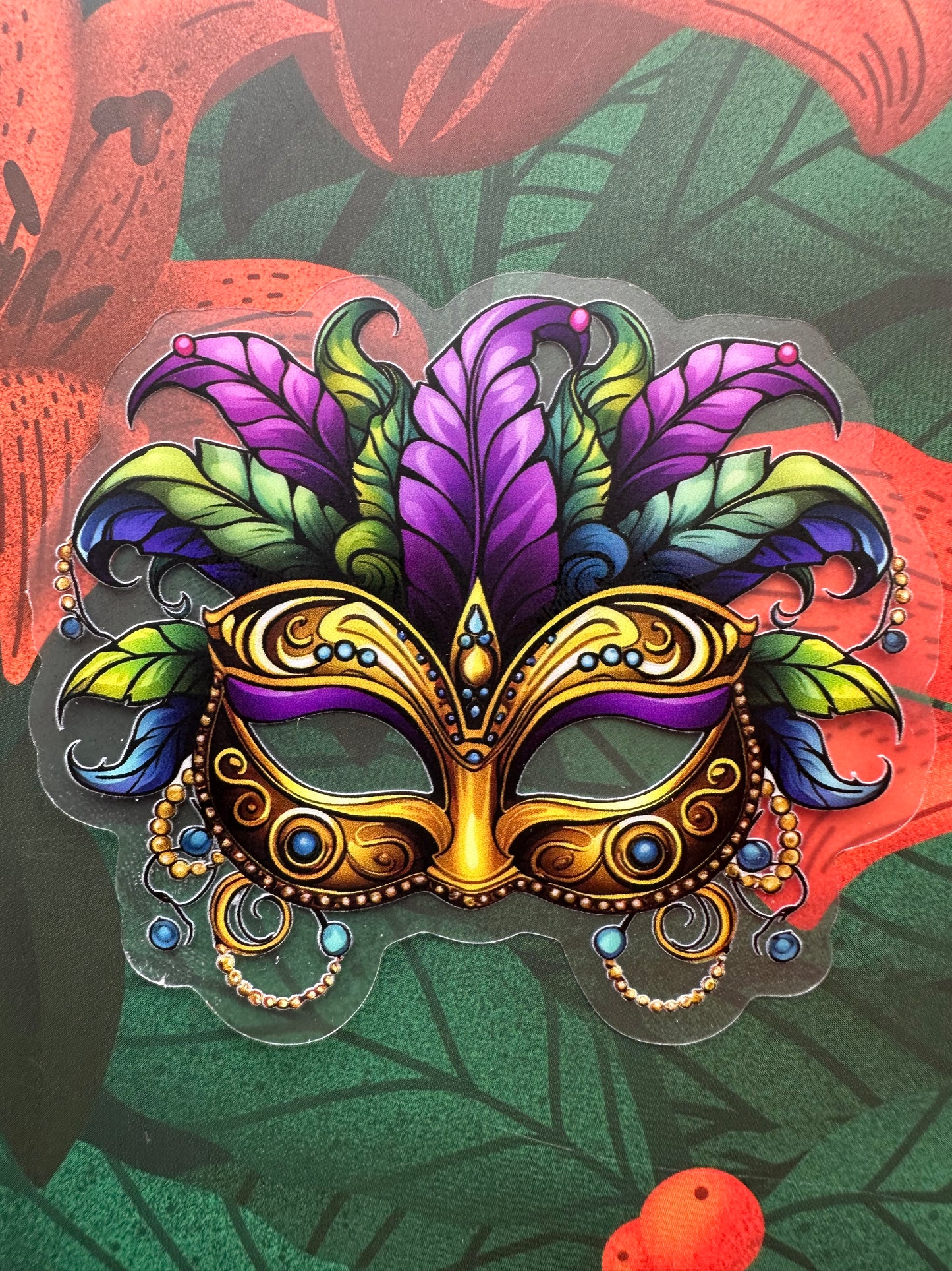 Mardi Gras Mask Clear Vinyl Sticker, 3.0” x 2.6”