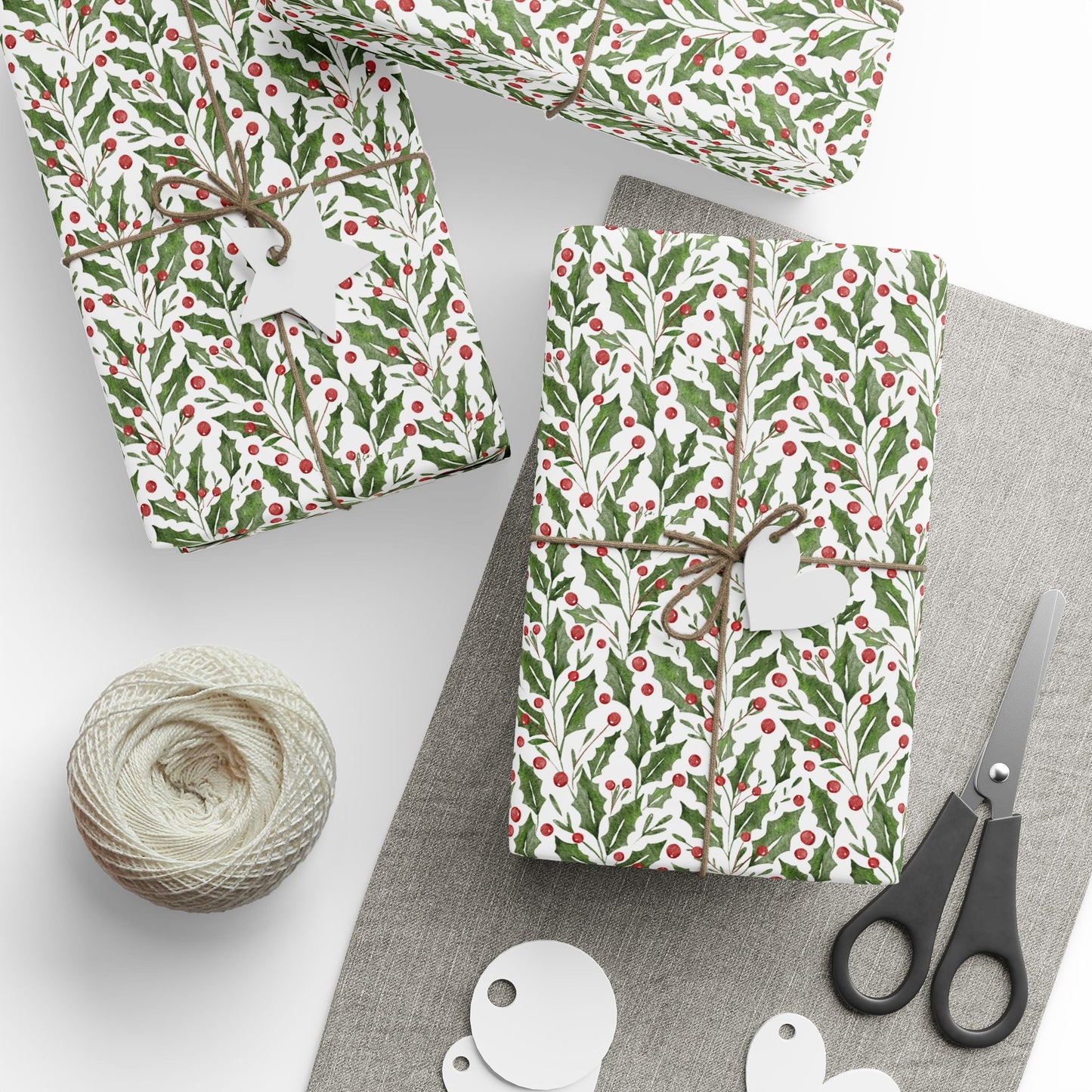 Holly Leaves and Berries Matte Wrapping Paper Roll