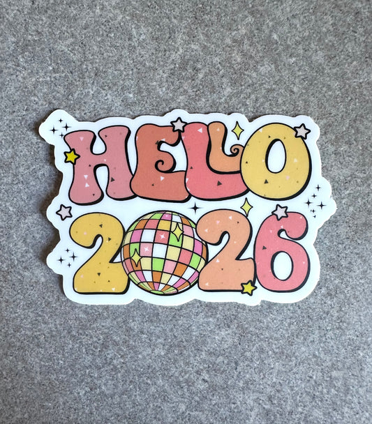 Hello 2026 Disco Ball Vinyl Sticker, 3x2.1"