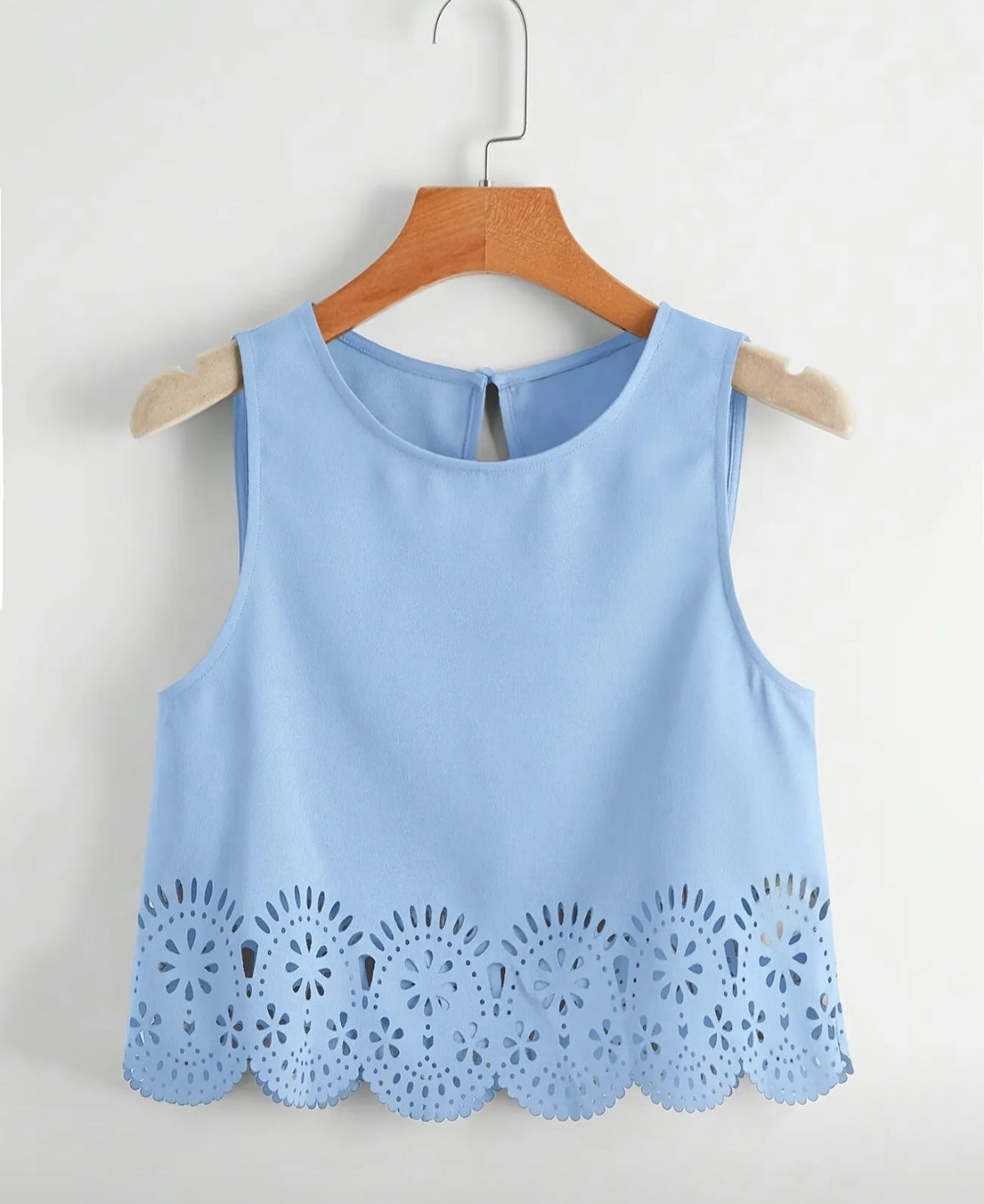 Icy Blue Sleeveless Tank Top Blouse With Eyelet Hem Cutouts