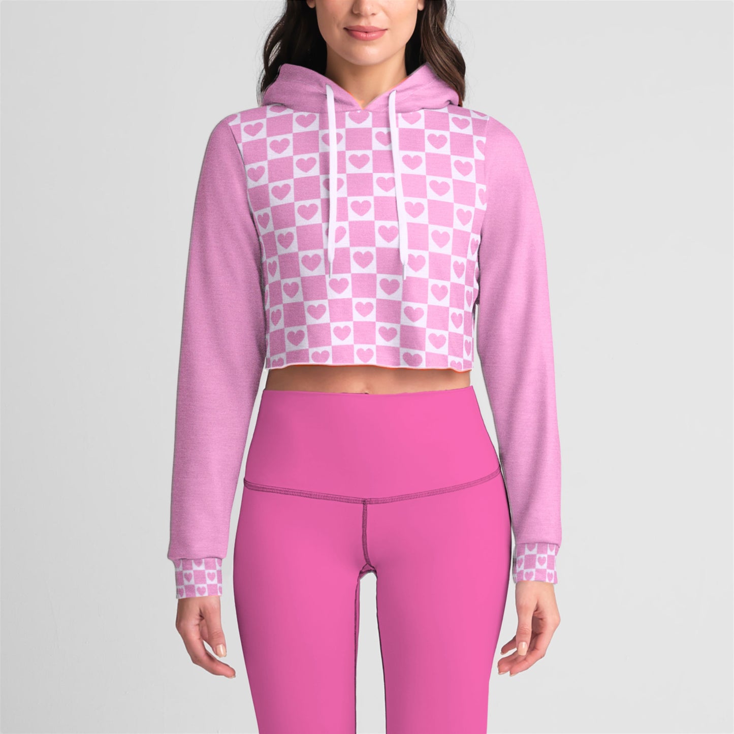 Pink Heart Grid Crop Hoodie