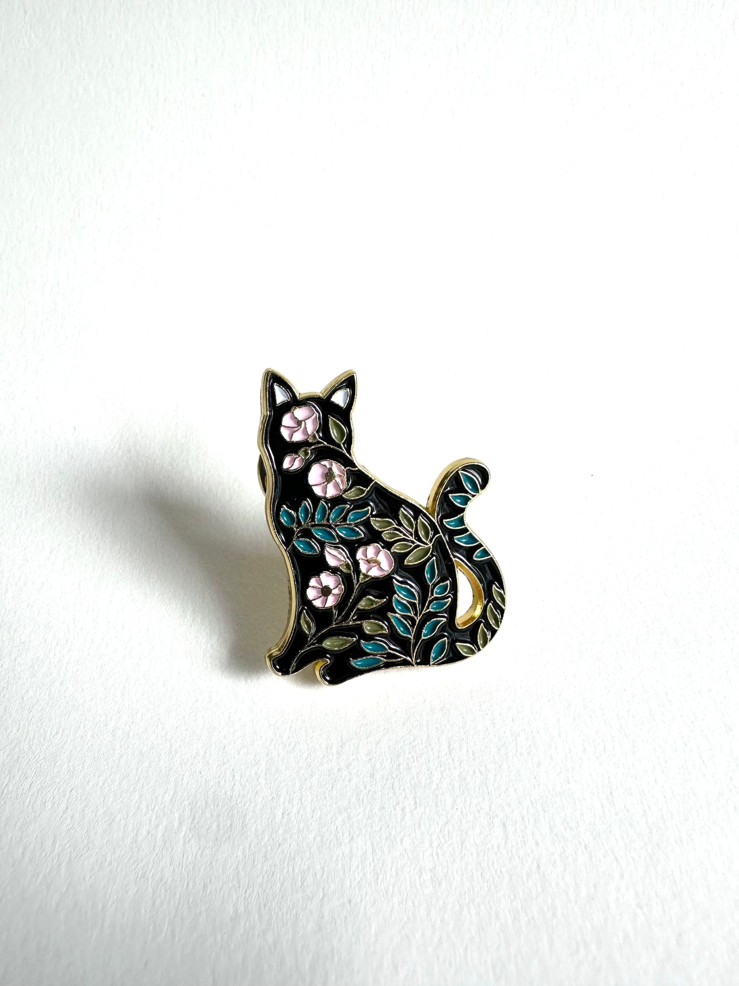 Floral Black Cat Enamel Pin