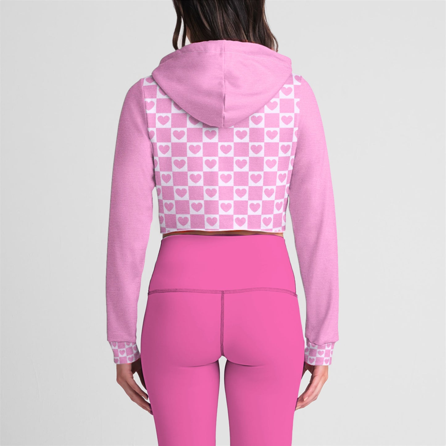 Pink Heart Grid Crop Hoodie