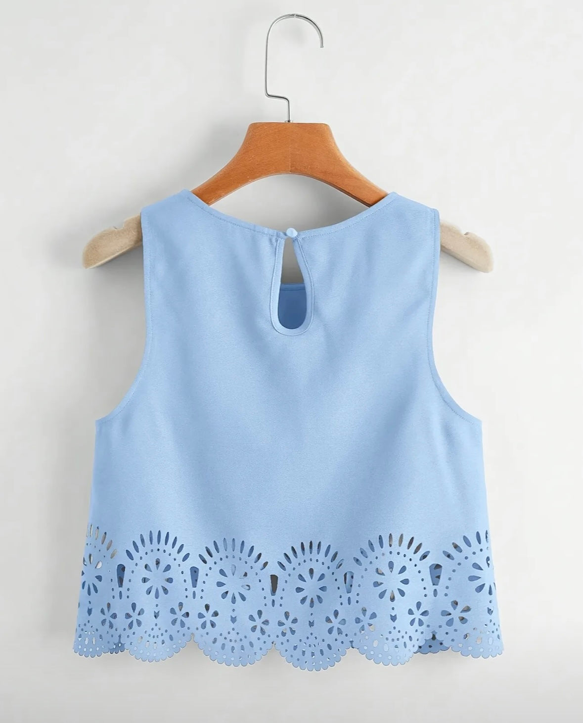 Cute Icy Blue Tank Top with Keyhole Back and Scalloped Hem