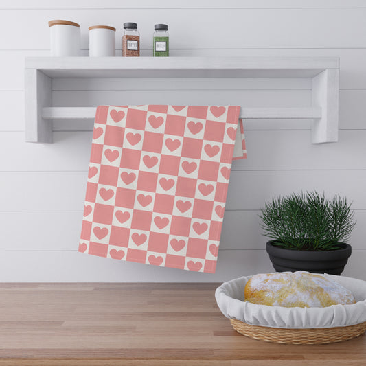 Pink Heart Grid Tea Towel, 18" x 30"