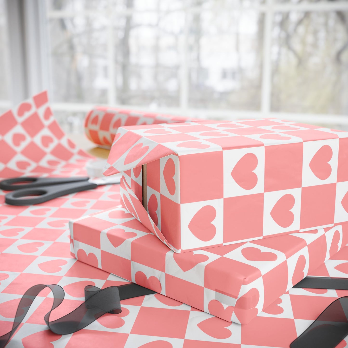 Pink Heart Grid Matte Wrapping Paper Roll