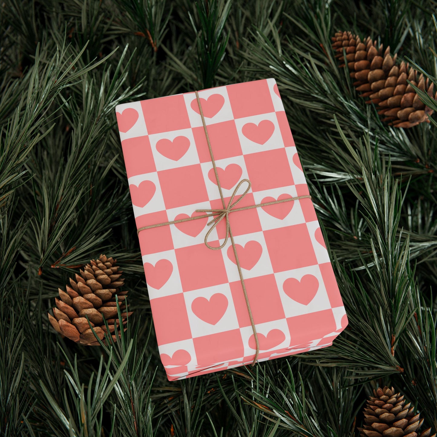 Pink Heart Grid Matte Wrapping Paper Roll