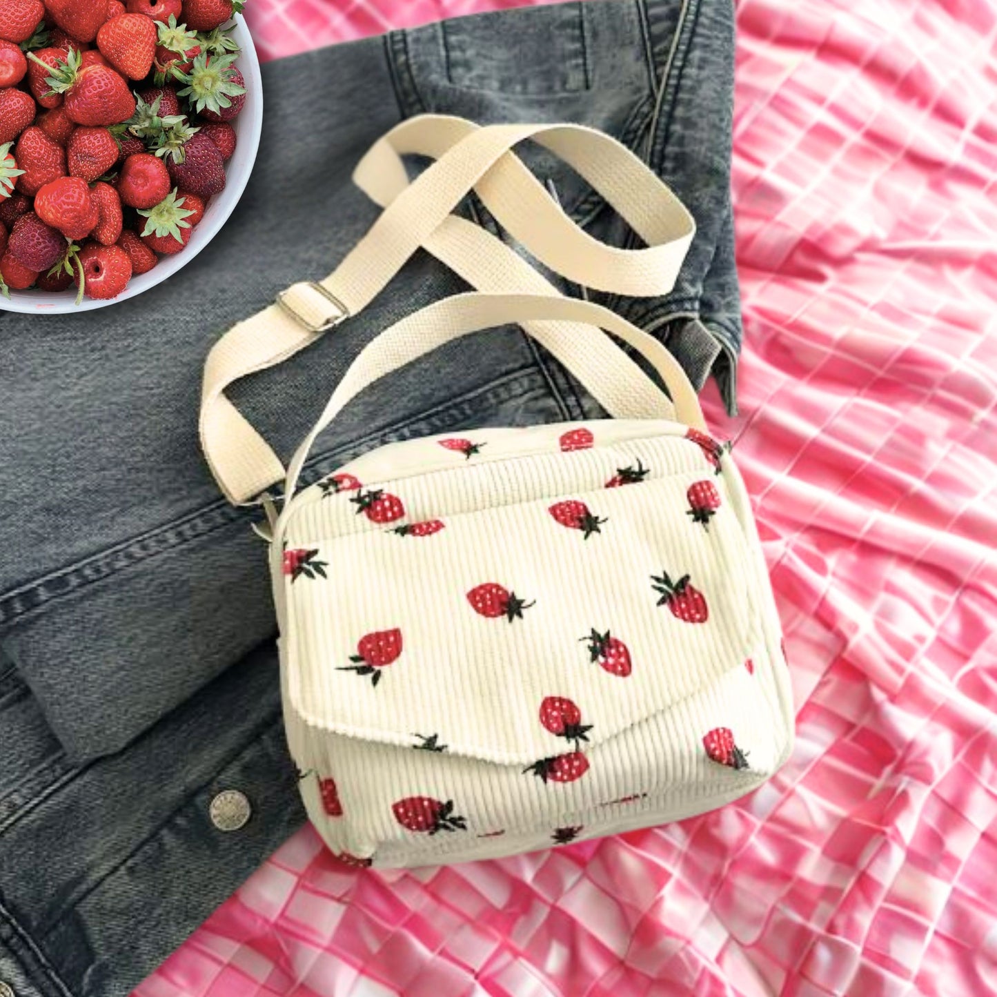 Strawberry Corduroy Crossbody Bag