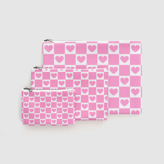 Pink Heart Grid Zipper Pouch