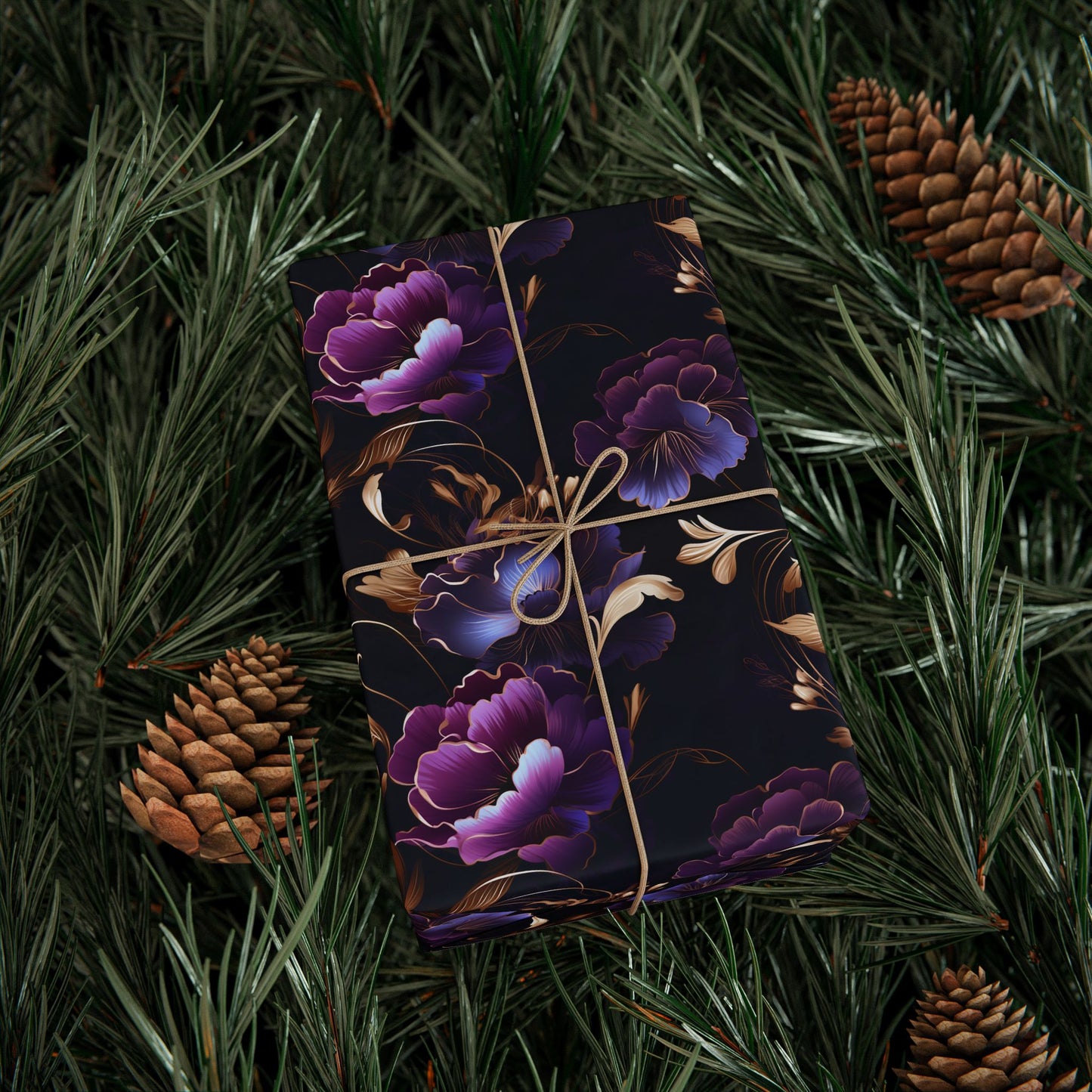 Dark Purple and Gold Peony Wrapping Paper Roll