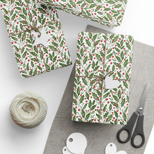 Holly Leaves and Berries Matte Wrapping Paper Roll