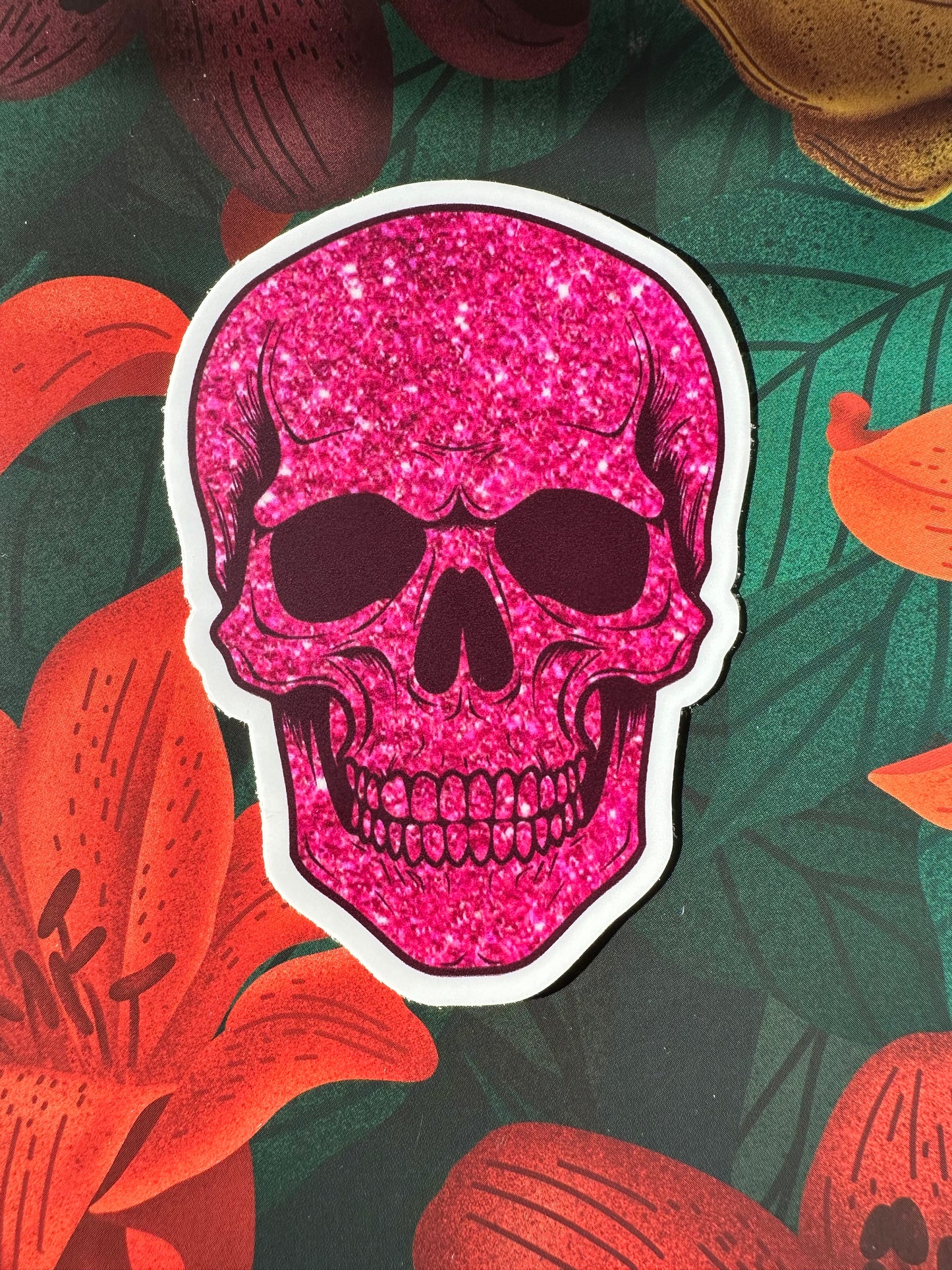 Pink Glitter Skull Vinyl Sticker, 2x2x3"