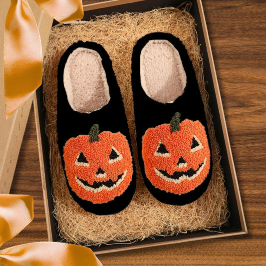 Pair of Halloween-themed slippers with pumpkin design in a decorative box on a wooden surface.