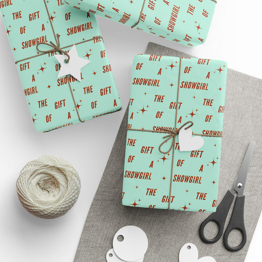 The Gift of a Showgirl matte wrapping paper roll, present mockup, by Merry May