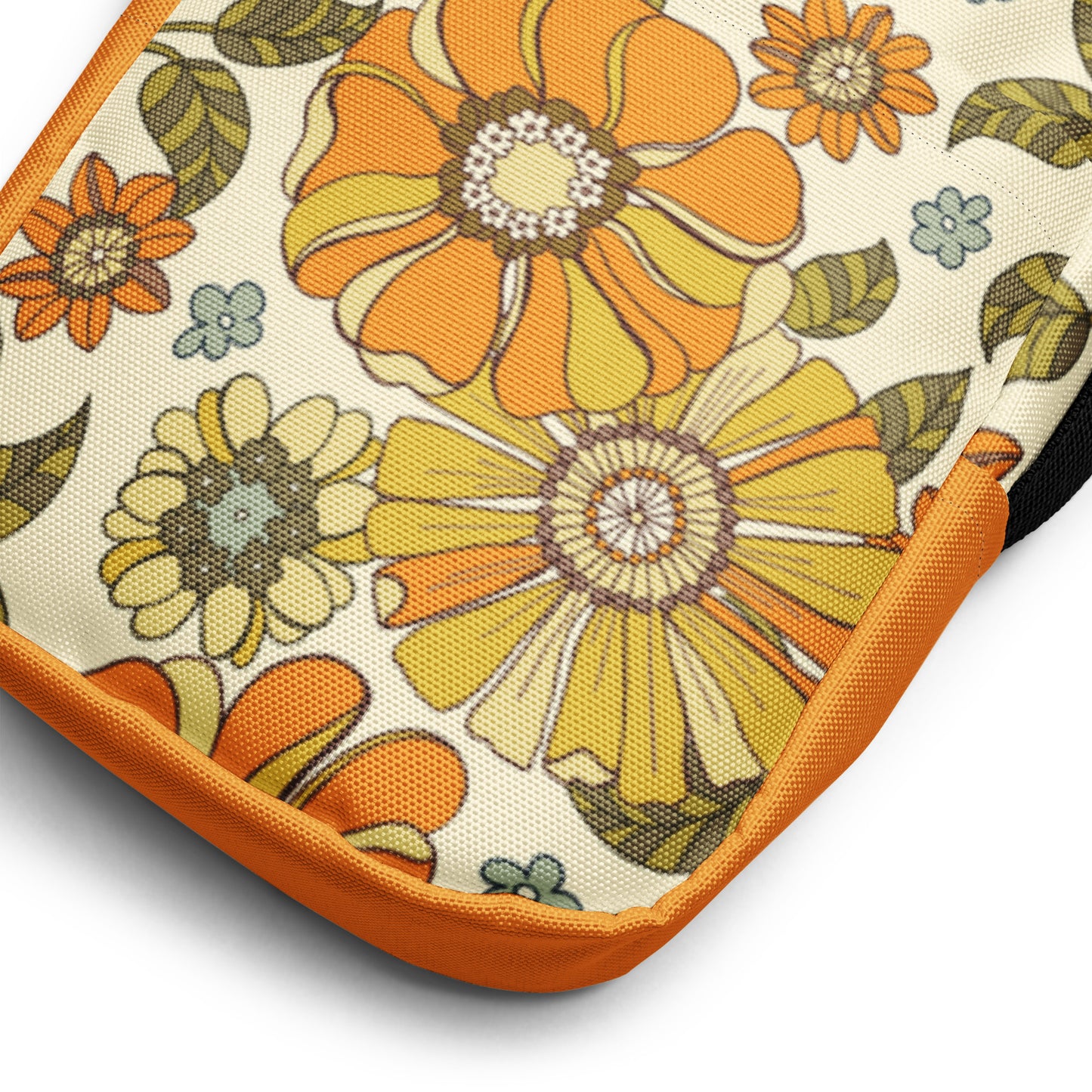 Vintage aesthetic Retro Floral Crossbody Bag with an orange and yellow floral print, close-up view, by Merry May