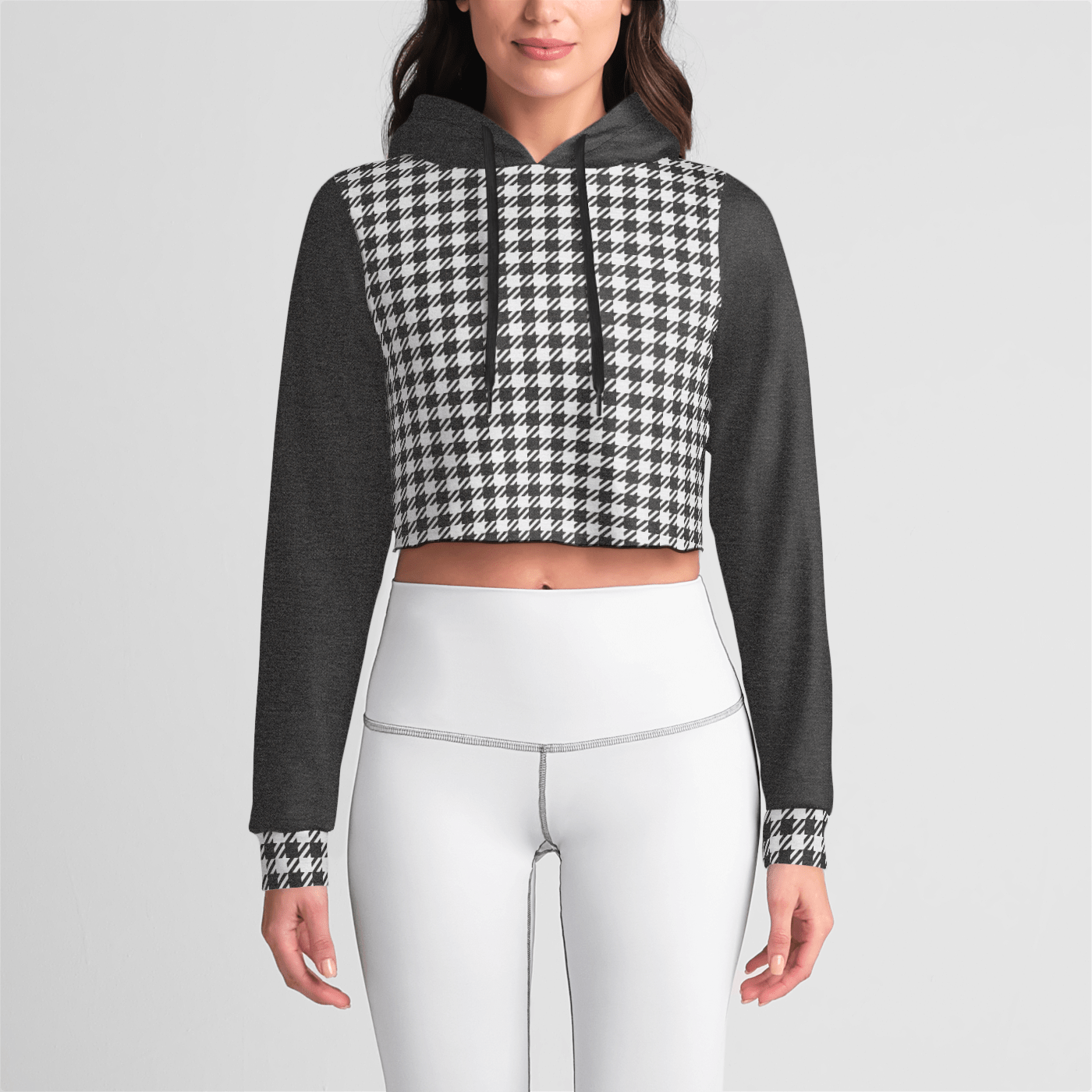 Dark Grey Houndstooth Crop Hoodie - Merry May