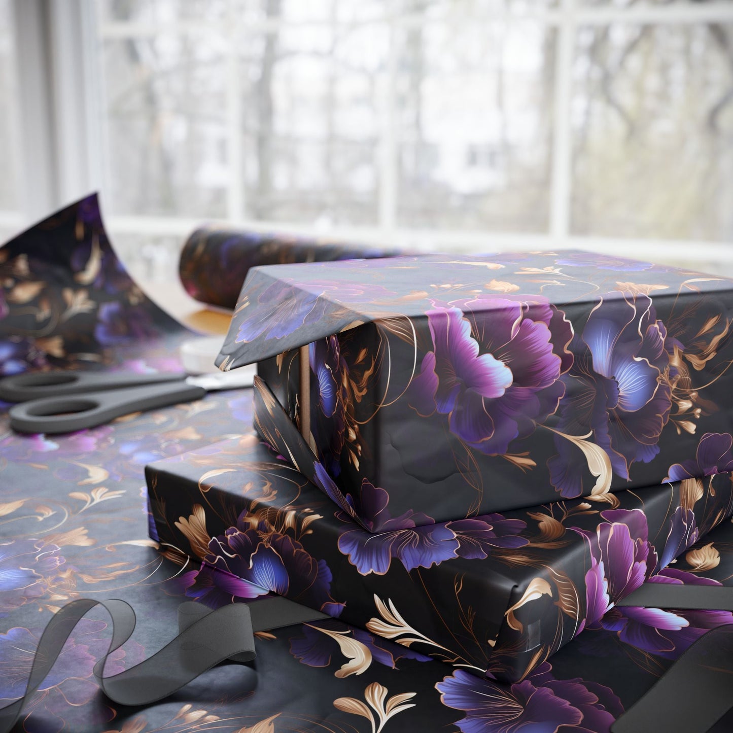 Dark Purple and Gold Peony Wrapping Paper Roll - Merry May