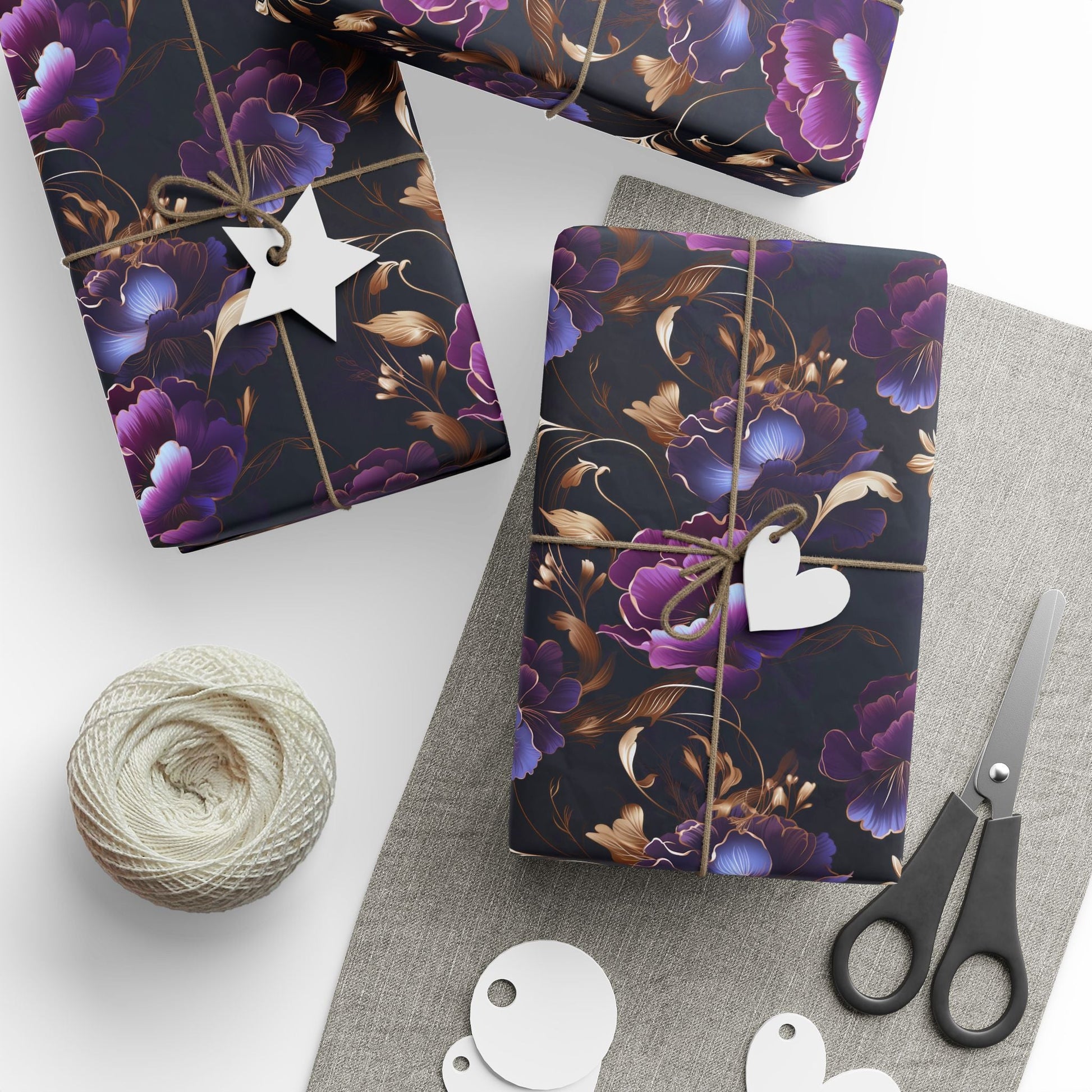 Dark Purple and Gold Peony Wrapping Paper Roll - Merry May