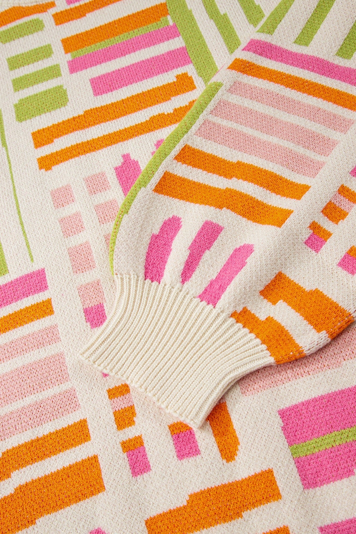 Geometric Stripe Crewneck Puff Sleeve Sweater - Merry May