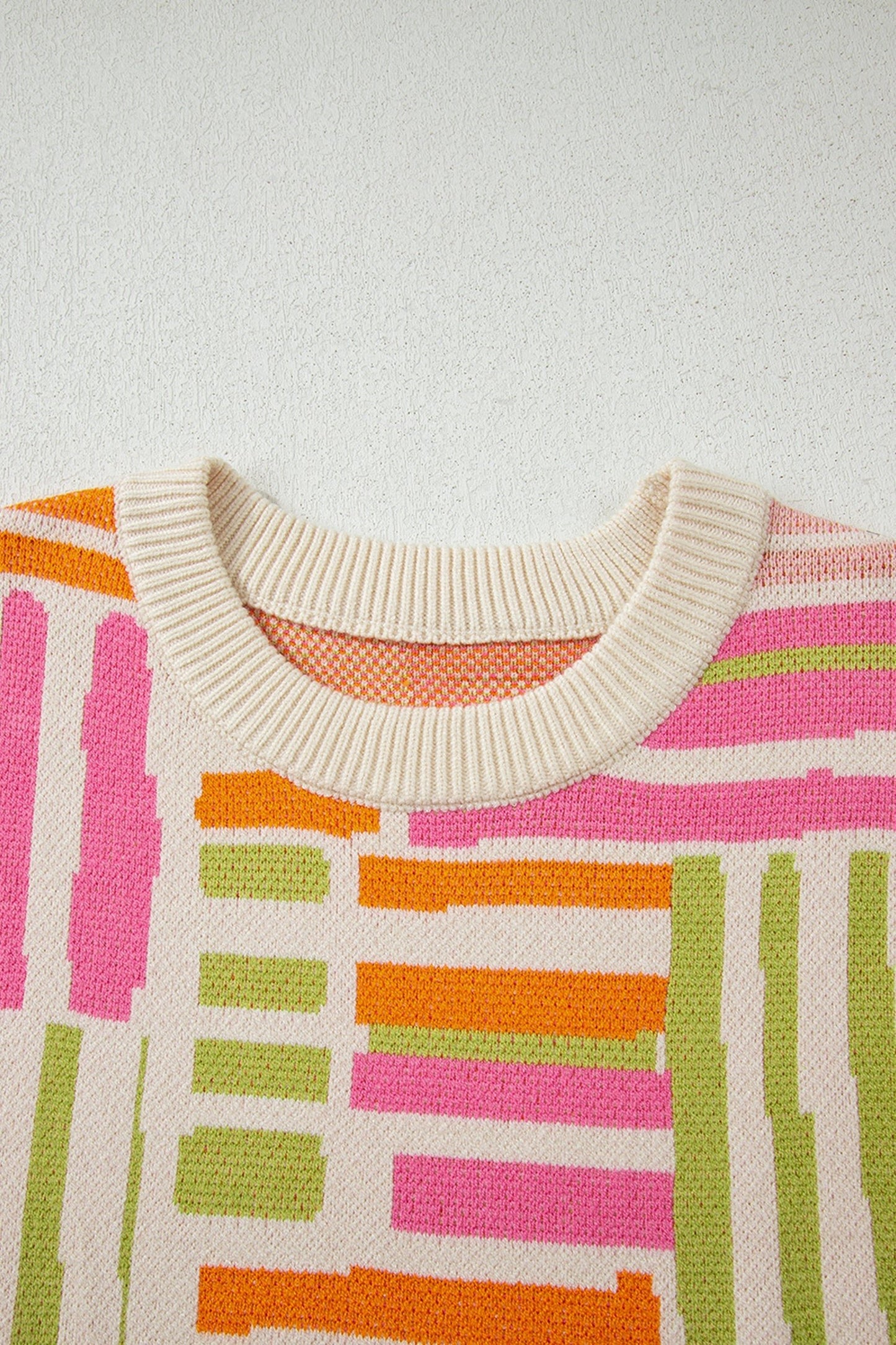 Geometric Stripe Crewneck Puff Sleeve Sweater - Merry May
