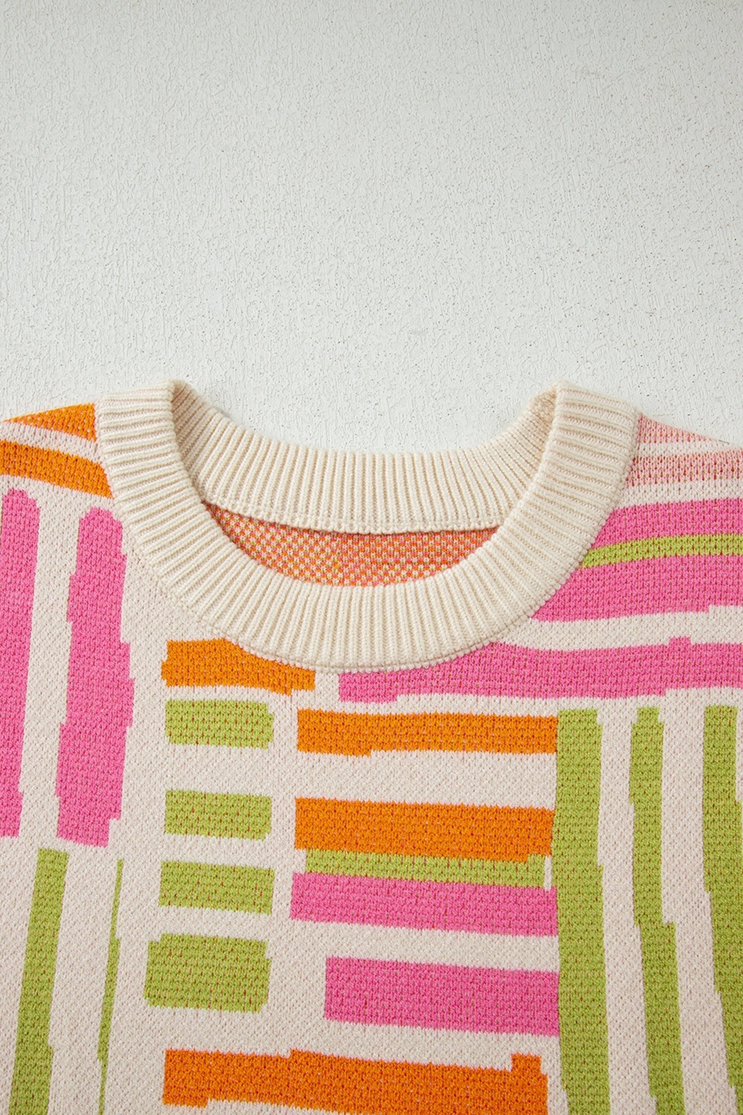 Geometric Stripe Crewneck Puff Sleeve Sweater - Merry May