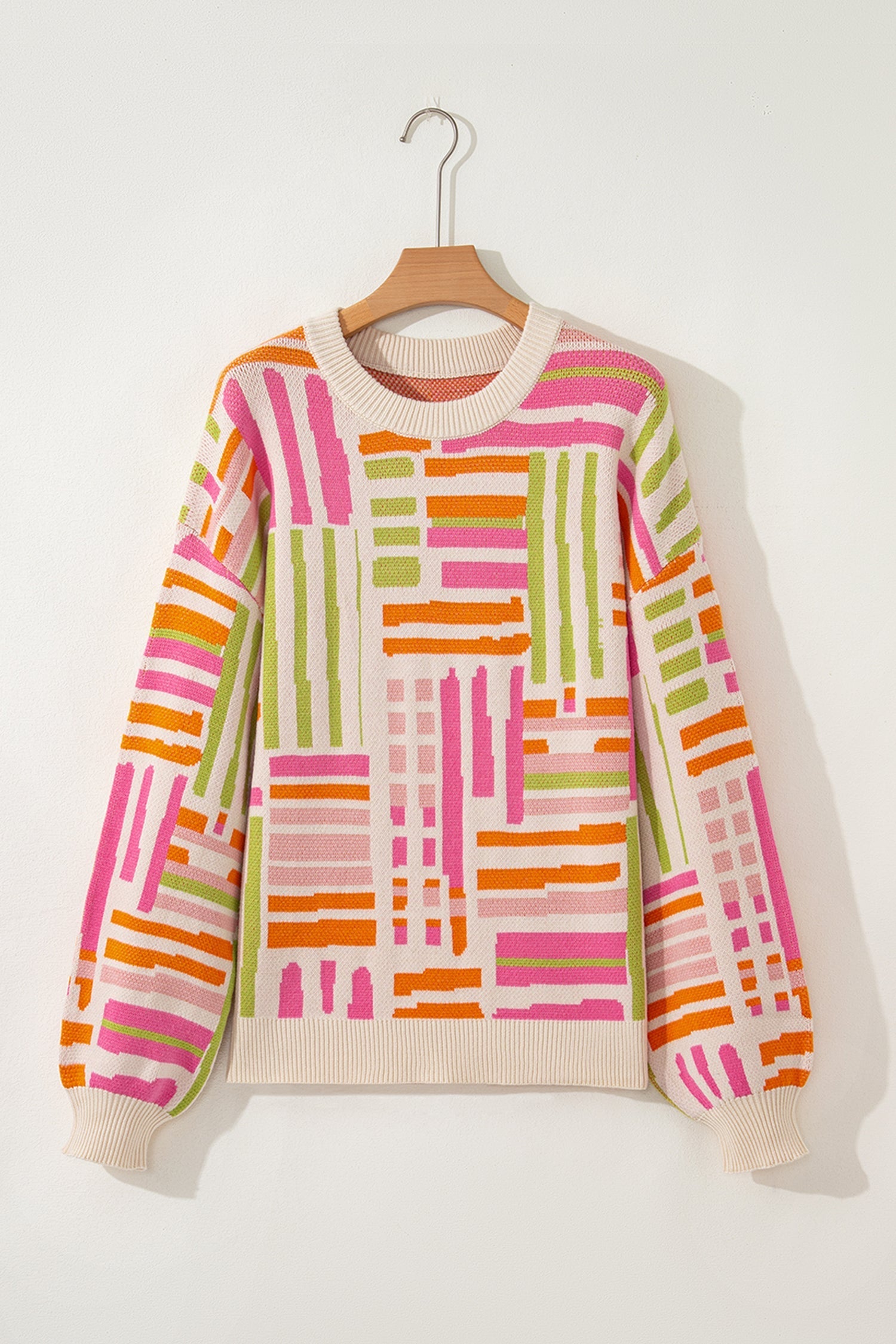 Geometric Stripe Crewneck Puff Sleeve Sweater - Merry May