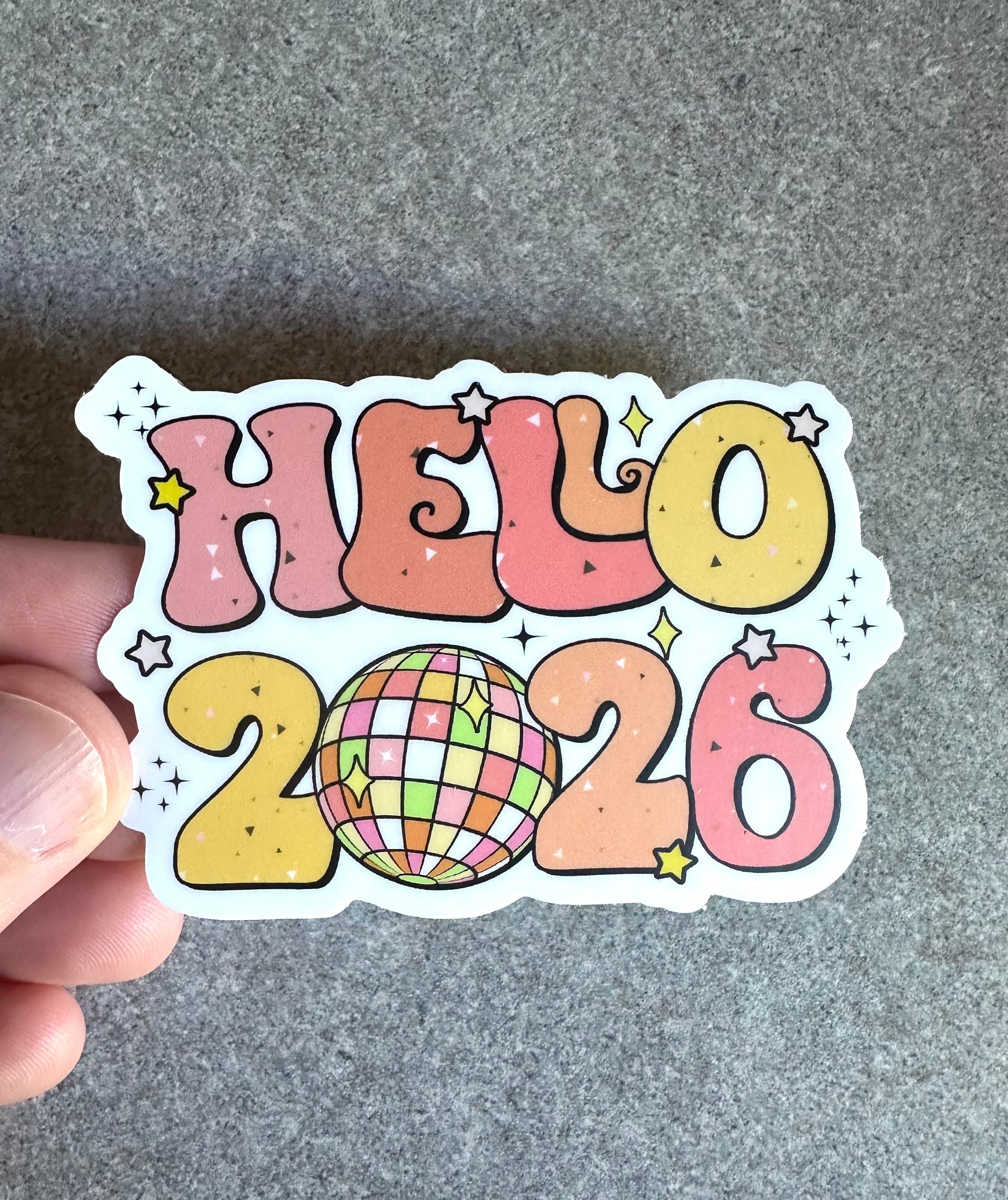 Hello 2026 Disco Ball Vinyl Sticker, 3x2.1" - Merry May