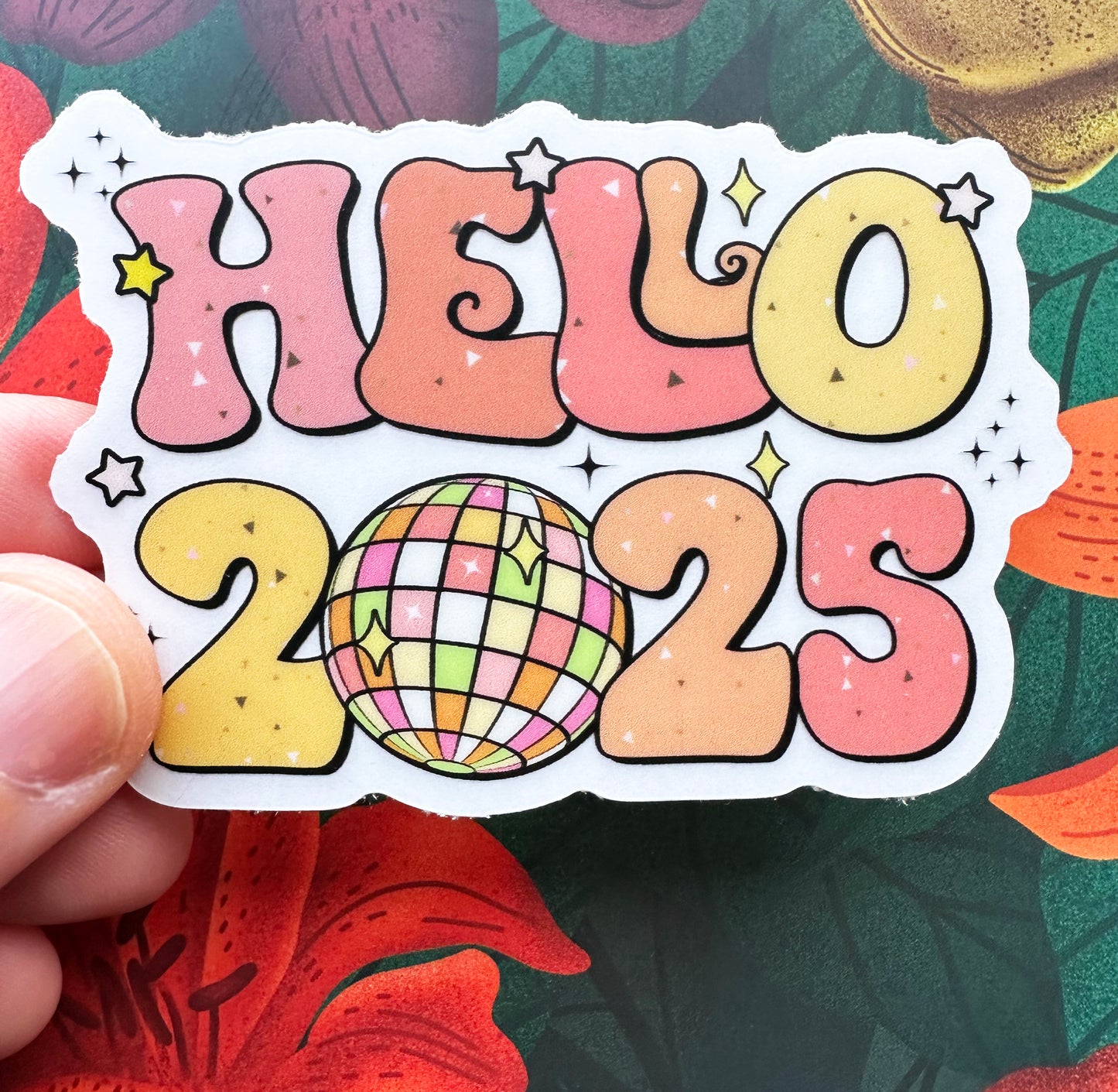 Hello 2025 Disco Ball Vinyl Sticker, 3x2.1"