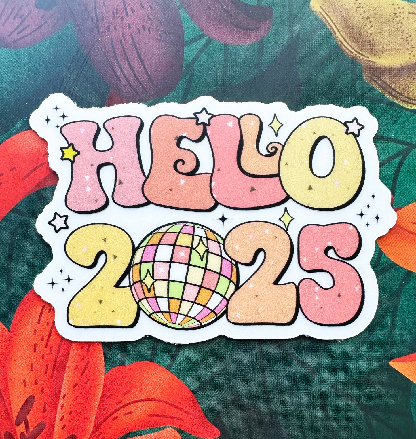 Hello 2025 Disco Ball Vinyl Sticker, 3x2.1"