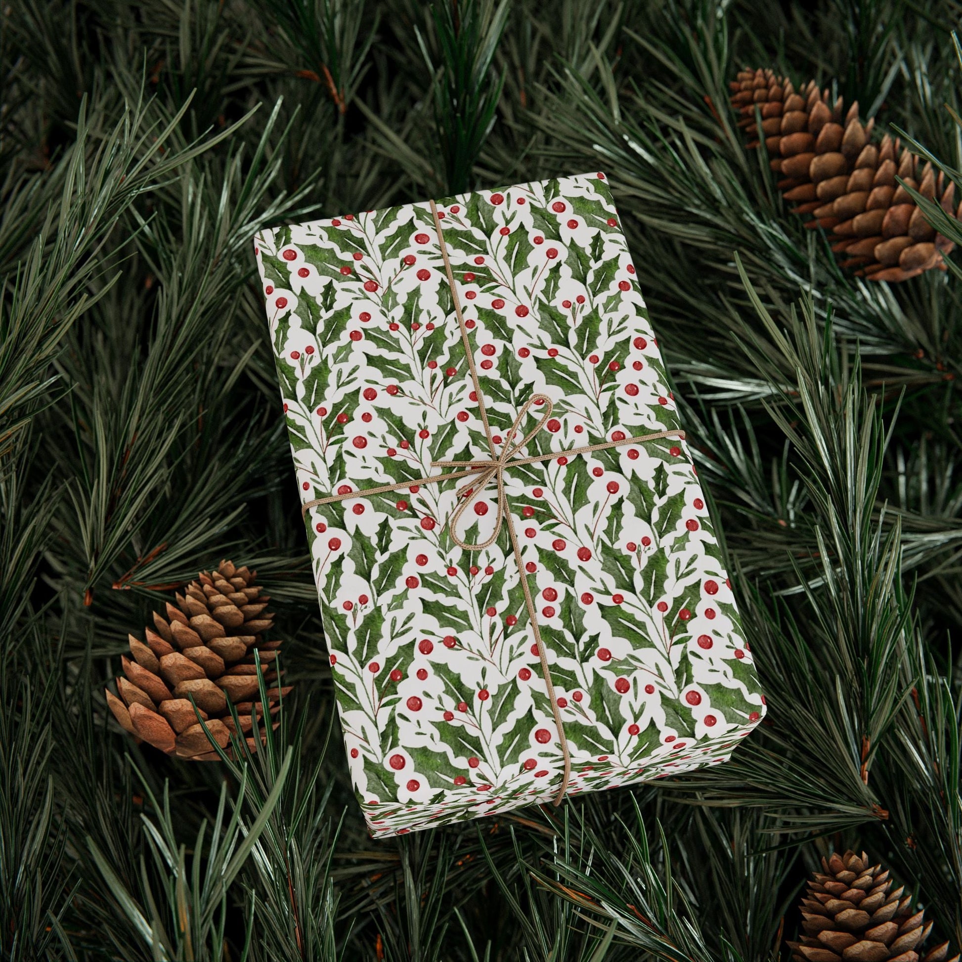 Holly Leaves and Berries Matte Wrapping Paper Roll - Merry May