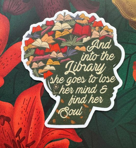 Into the Library Vinyl Sticker, 2.6" x 3" - Merry May