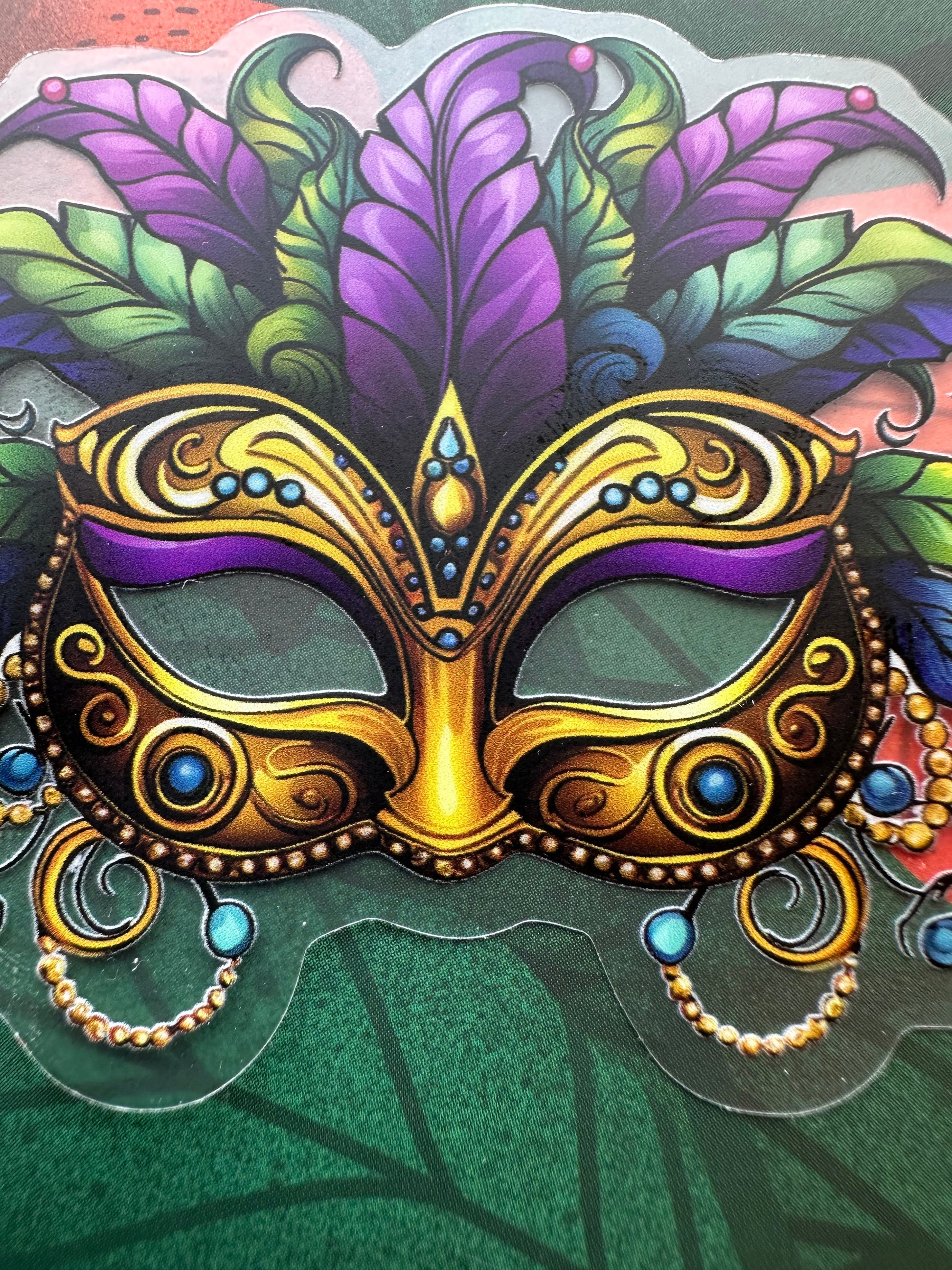 Mardi Gras Mask Clear Vinyl Sticker, 3.0” x 2.6” - Merry May