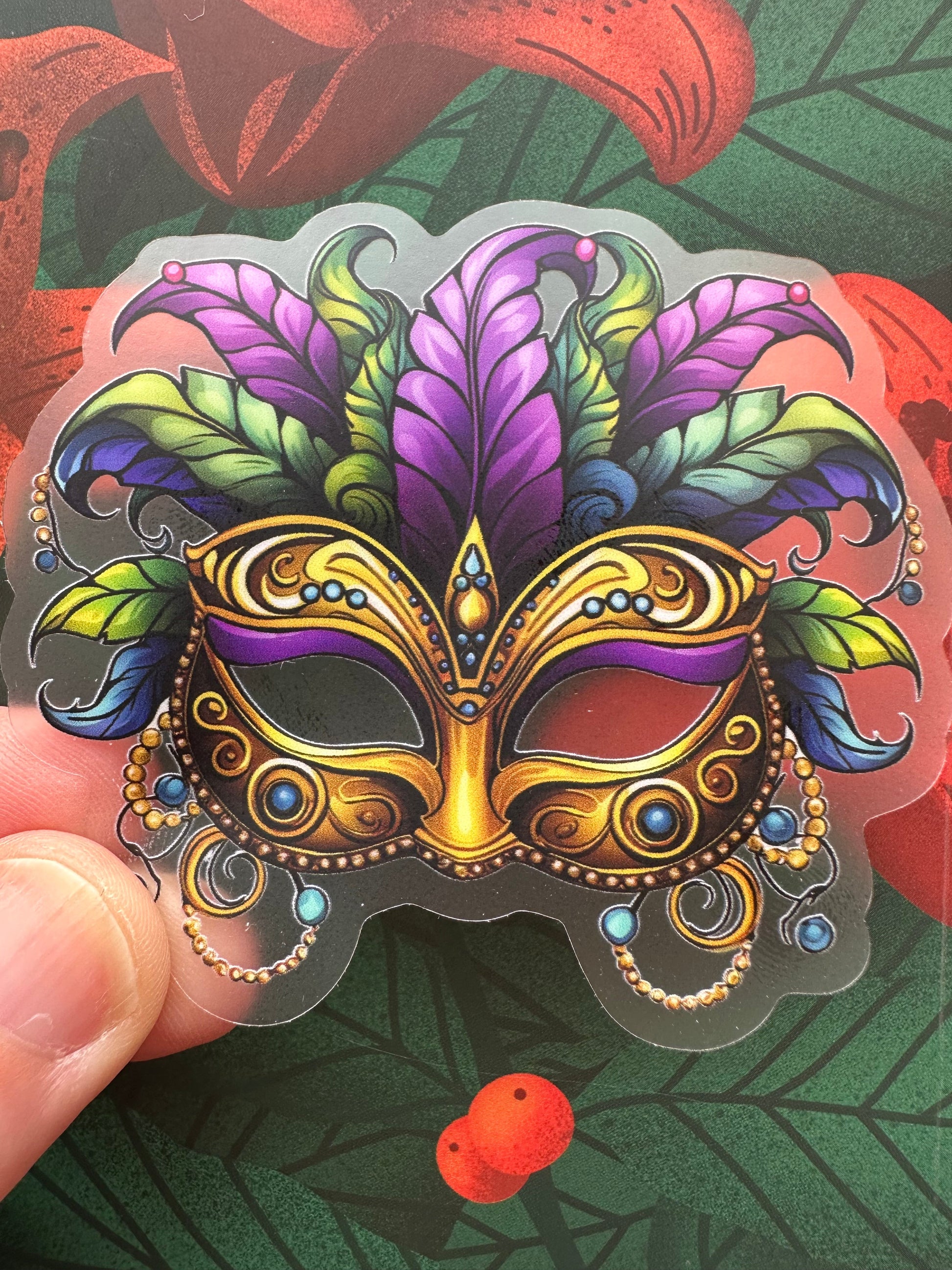 Mardi Gras Mask Clear Vinyl Sticker, 3.0” x 2.6” - Merry May