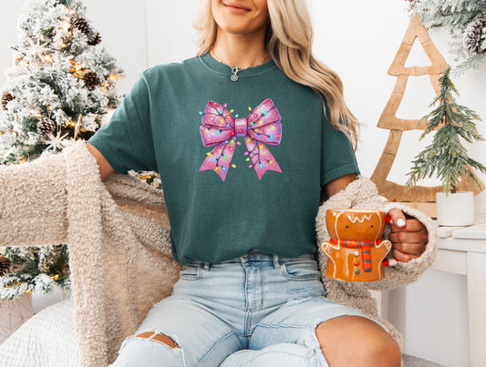 Pink Christmas Coquette Bow Short - Sleeve T-shirt - Merry May