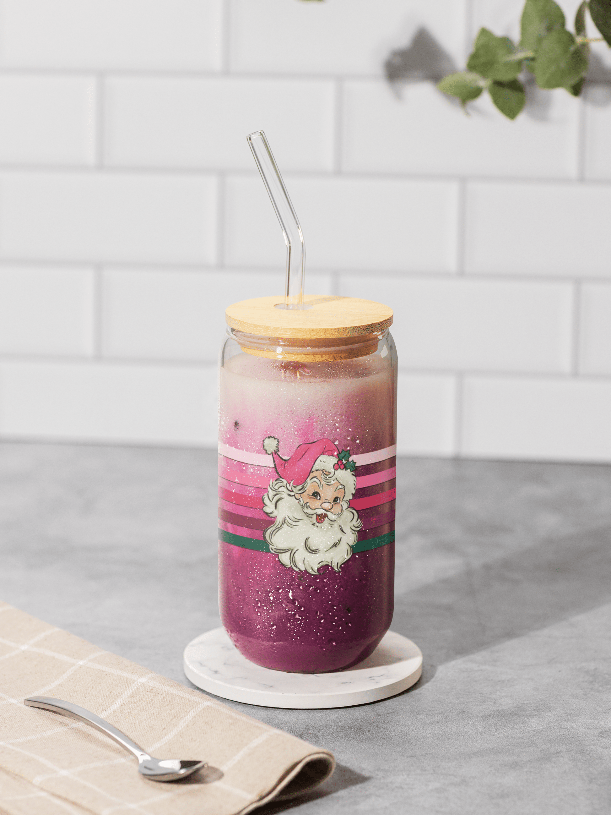 Pink Santa 16 oz. Glass Cup - Merry May