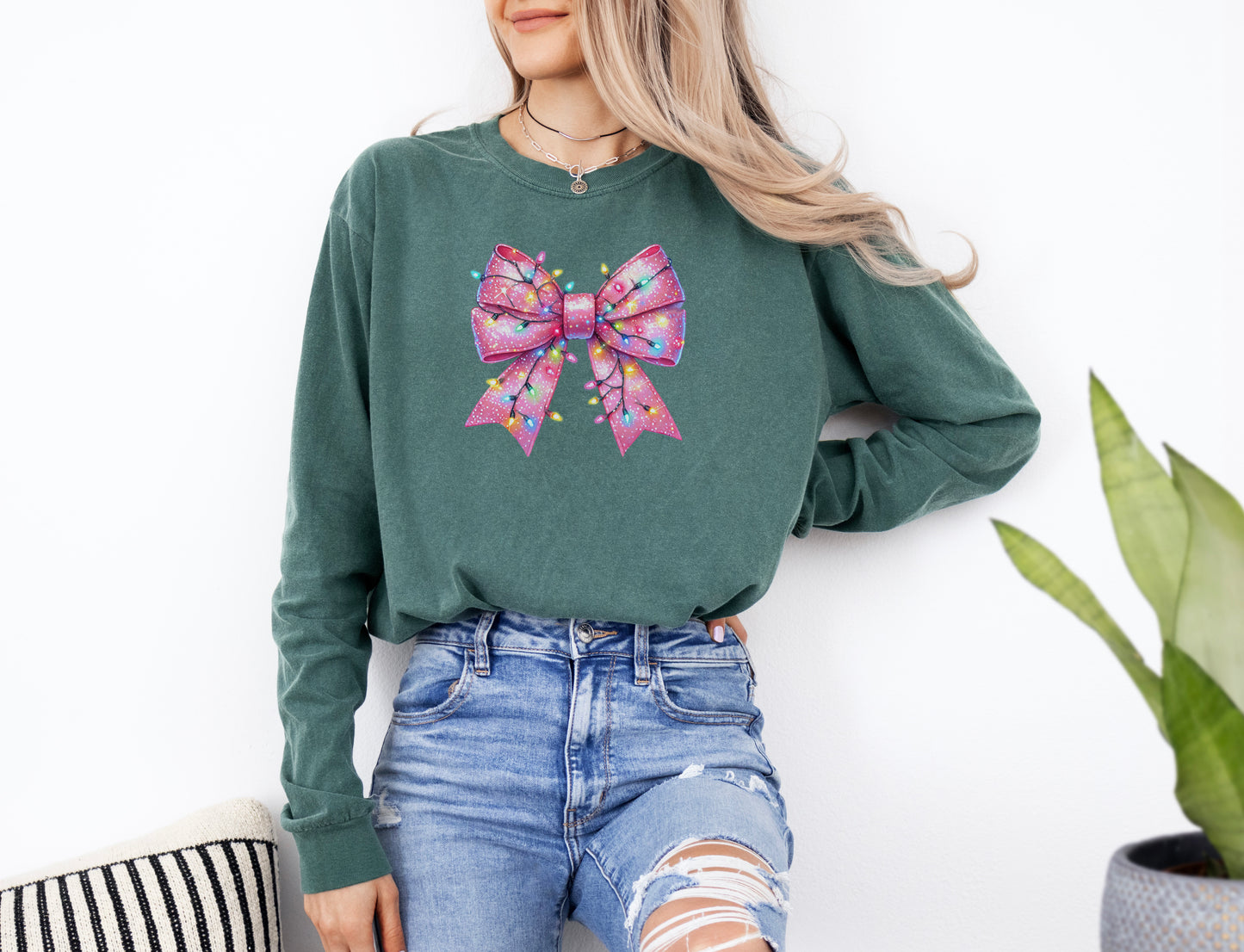 Pink Christmas Coquette Bow Long-Sleeve T-shirt