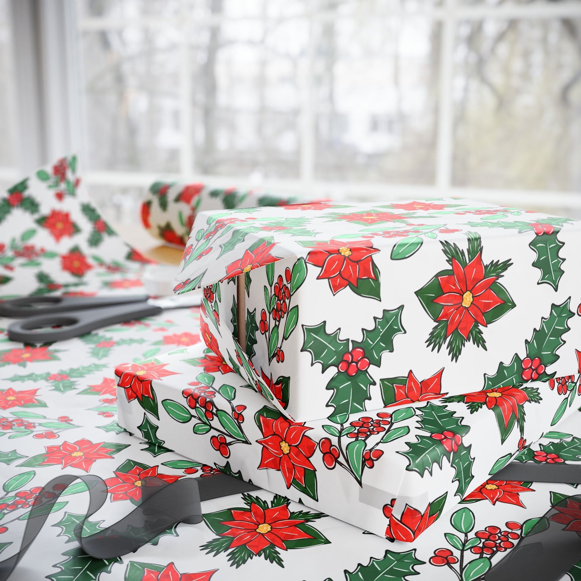 Poinsettia Matte Wrapping Paper Roll - Merry May