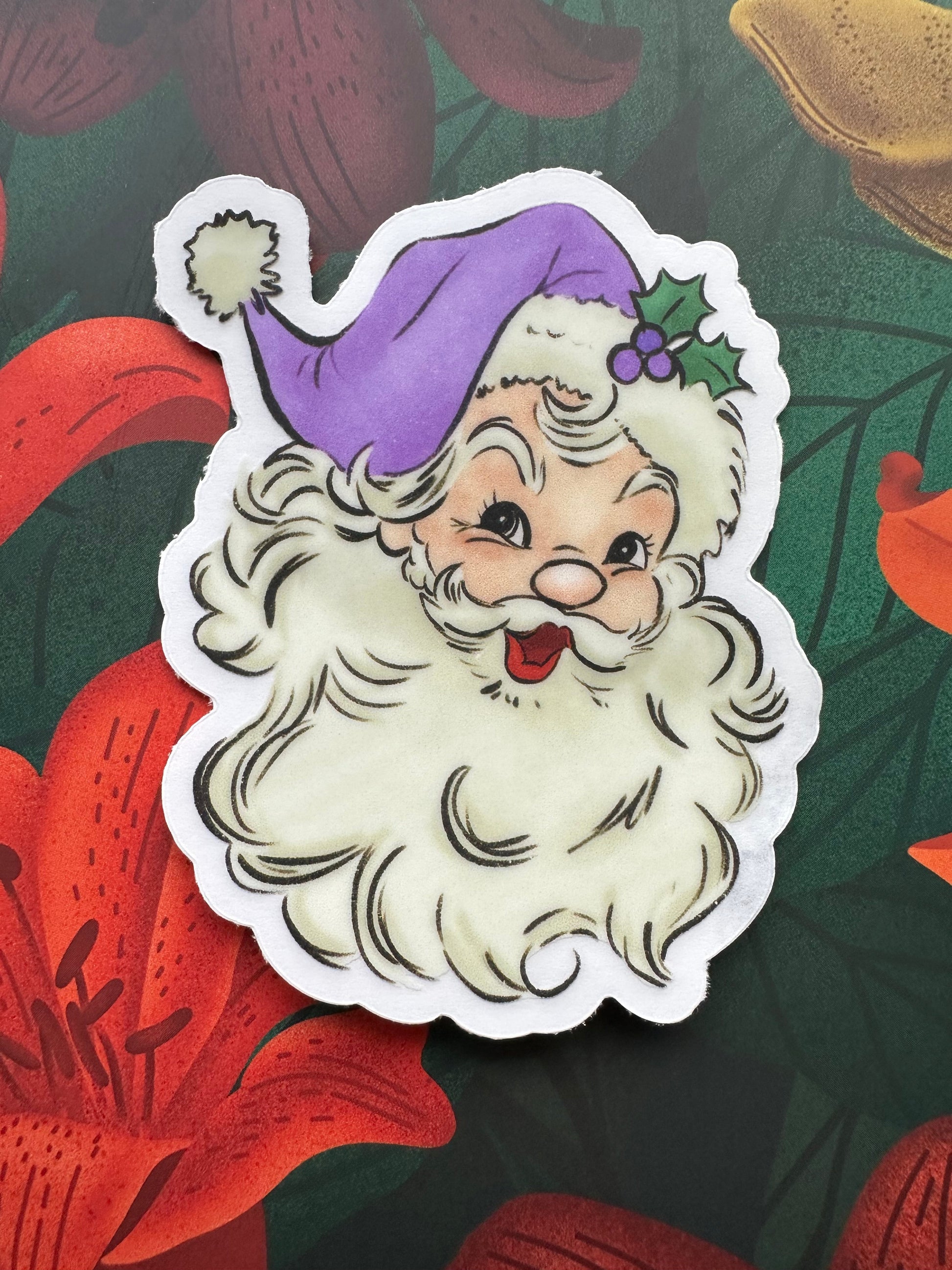 Purple Santa Hat Clear Transparent Vinyl Sticker, 2.4" x 3" - Merry May