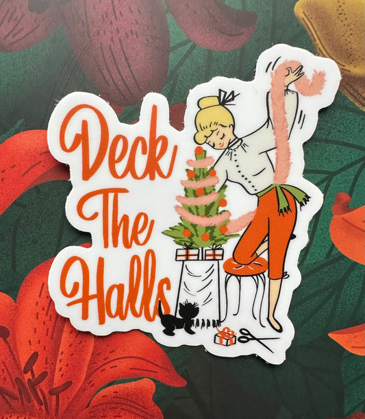Retro Deck the Halls Vinyl Sticker, 2.8" x 3.0" - Merry May